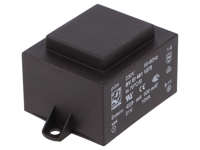 Transformator: ingegoten; 10VA; 230VAC; 21V; 477mA; PCB; BVEI Transformator: ingegoten; 10VA; 230VAC; 21V; 477mA; PCB; BVEI